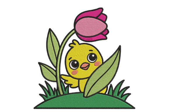 Baby Chick with Flower Embroidery Design